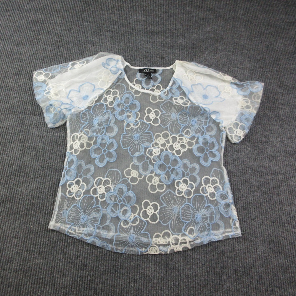 Midnight Velvet Blouse Womens L White Sheer Mesh Embroidered Puff Sleeve
